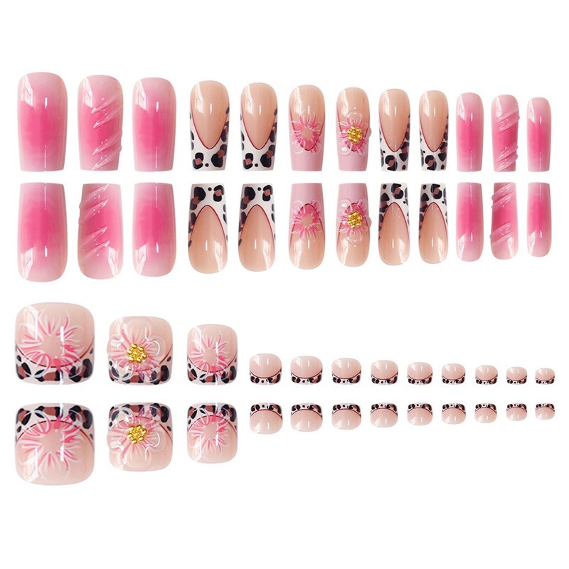 Sweet Leopard Print French 3D Flower Gradient Square Press On Nails 48PCS