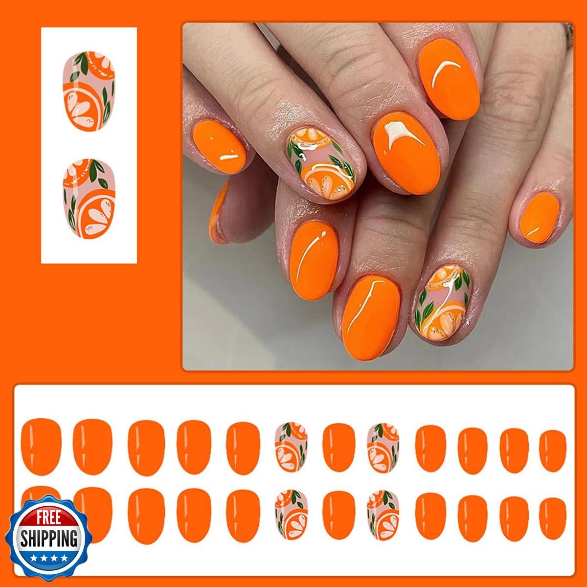 Orange Press on Nails Short Oval Orange Green Leaves Fake Nails with Designs