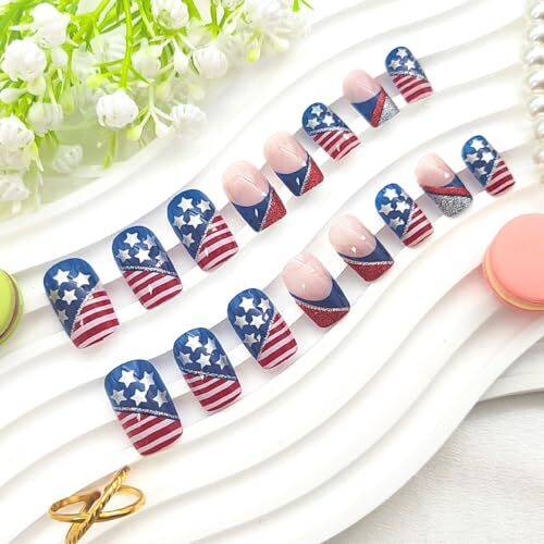 4th of July Press on Nails Medium Square 4th of July & Stars Silver Red Glitter