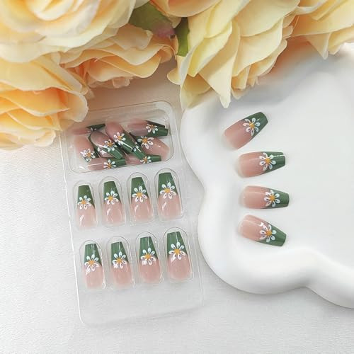 Coffin Press on Nails Medium Green French Tip False Nails with White Flower
