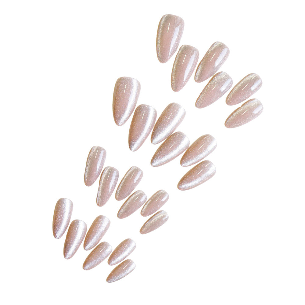 Pink Almond False Nail Glittering Cat Eye French Nail Tips Shimmer Fake Nail 24p