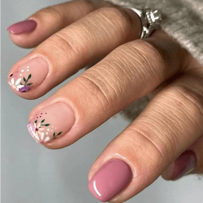 48Pcs-Short Square Pink Nude White Tiny Floral Dot Fake Press on Nails Set