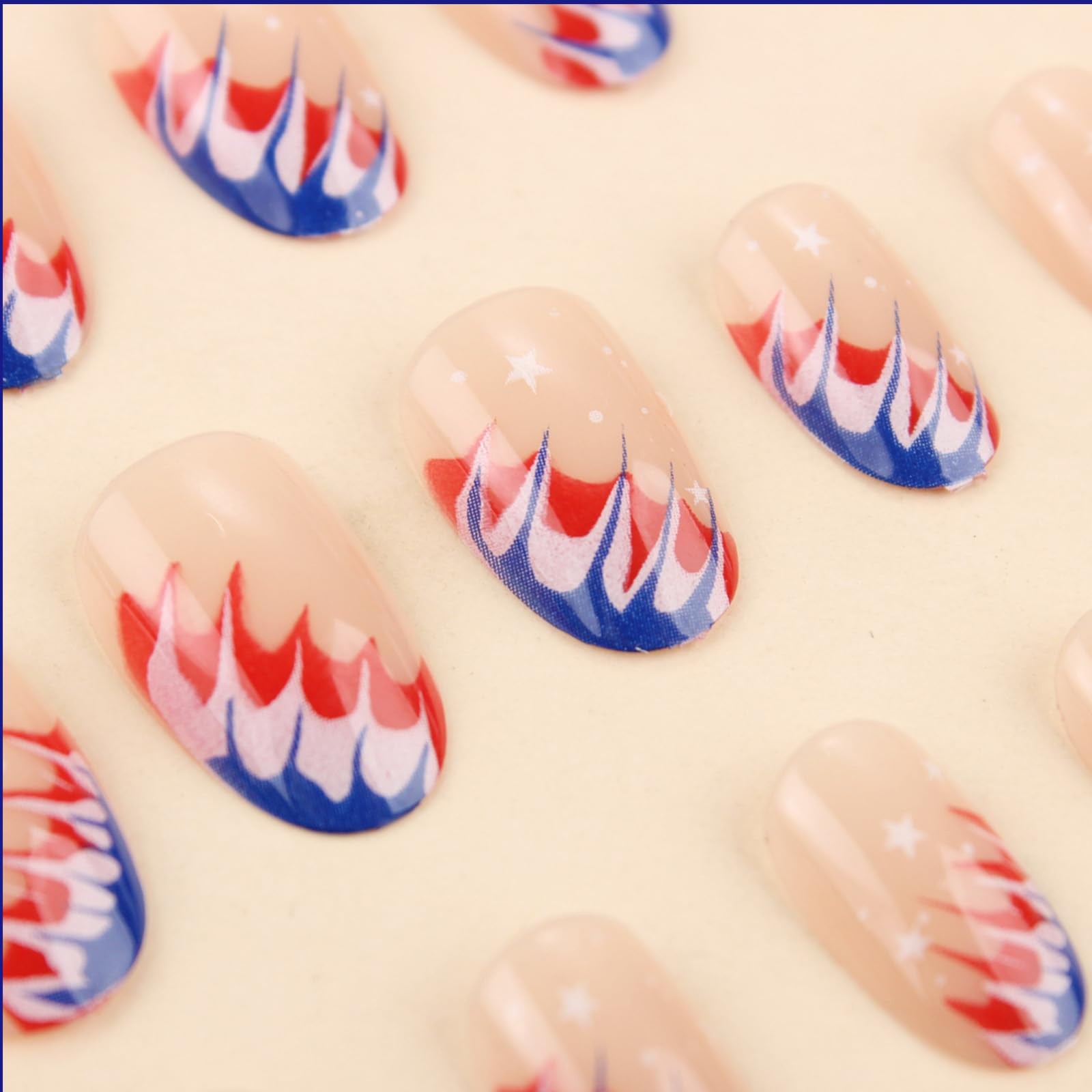4th of July Press on Nails Medium Oval Fake Nails with Designs Red Blue Gradi…