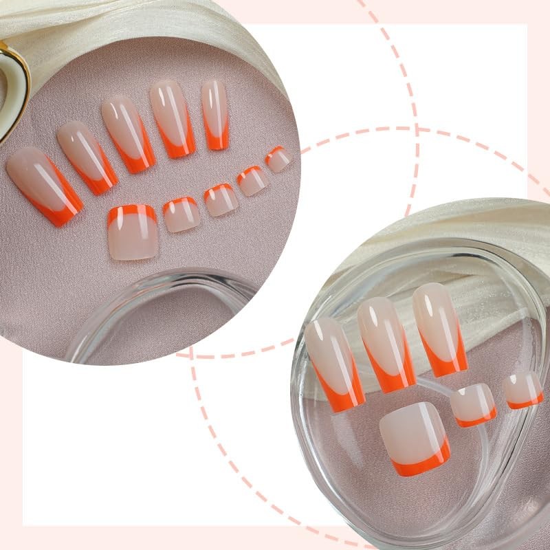 48 Pcs Orange French Tip Press on Nails and Toes Matching Set Long Square Fak…