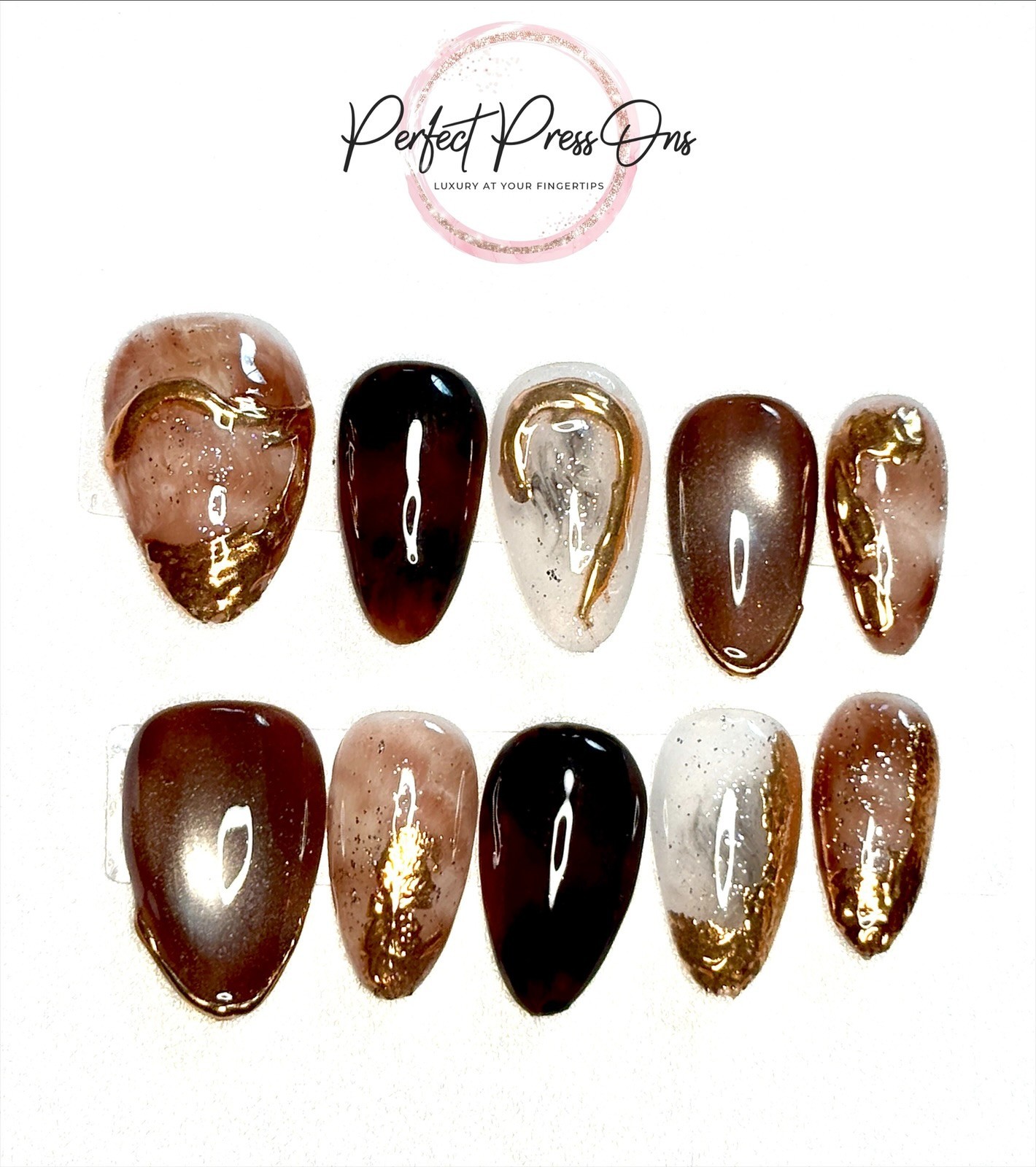 Tortoiseshell Press On Nails Medium Amber Gold Foil Fall Autumn Abstract 10pc
