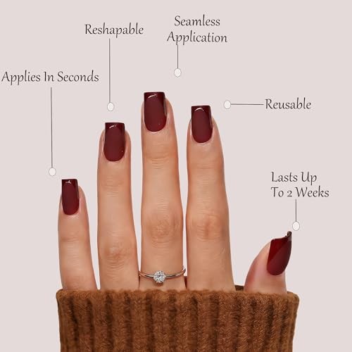Dark Red Press On Nails Square -Short Red Nails with Glossy B-Merlot Red Square