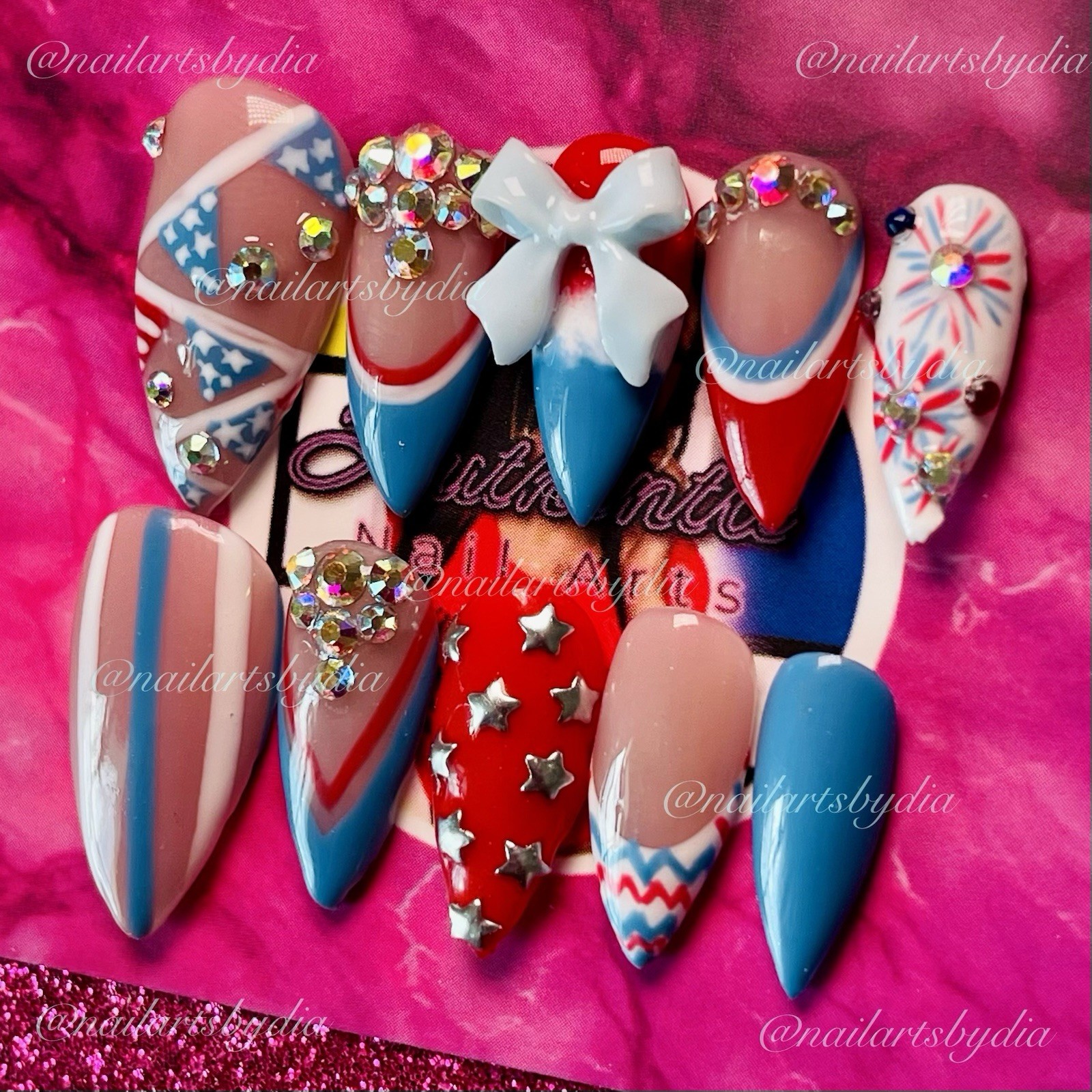 Authentic Nail Arts by Dia Stiletto Press-On Nails Long 3D Rhinestone Patriotic