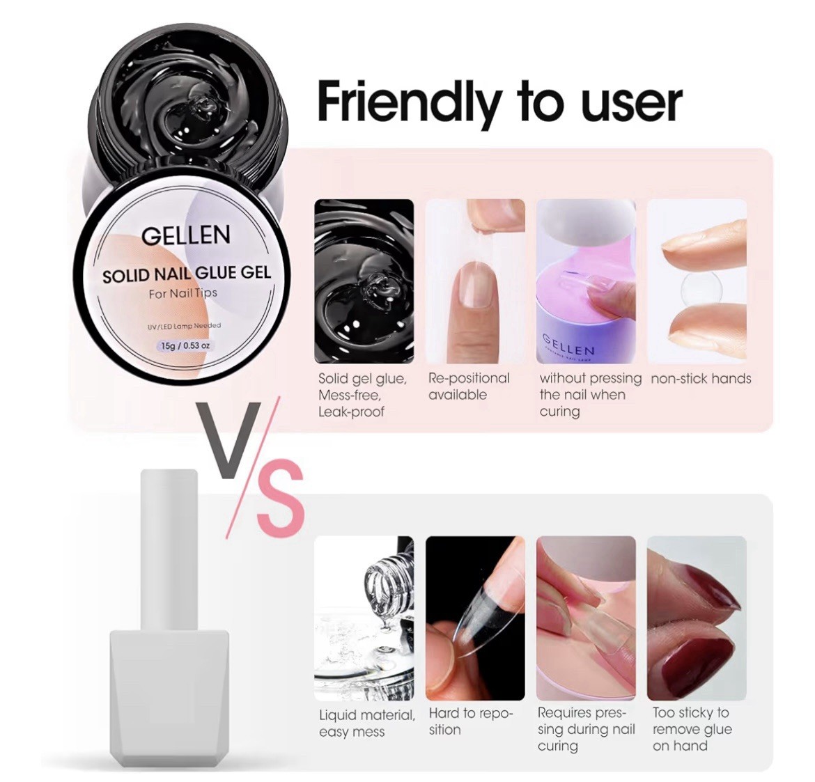Gellen Solid Acrylic Nail Glue Gel 0.53oz, False Nails, Nail Art, Salon UV Cured