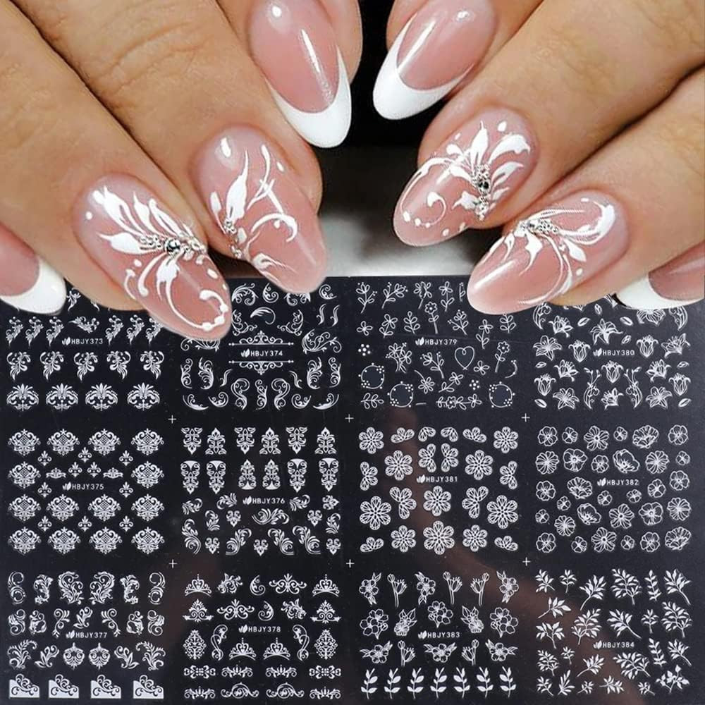 Flowers Nail Decals 3D Self-Adhesive White Floral Nail Art Stickers Wedding Lace