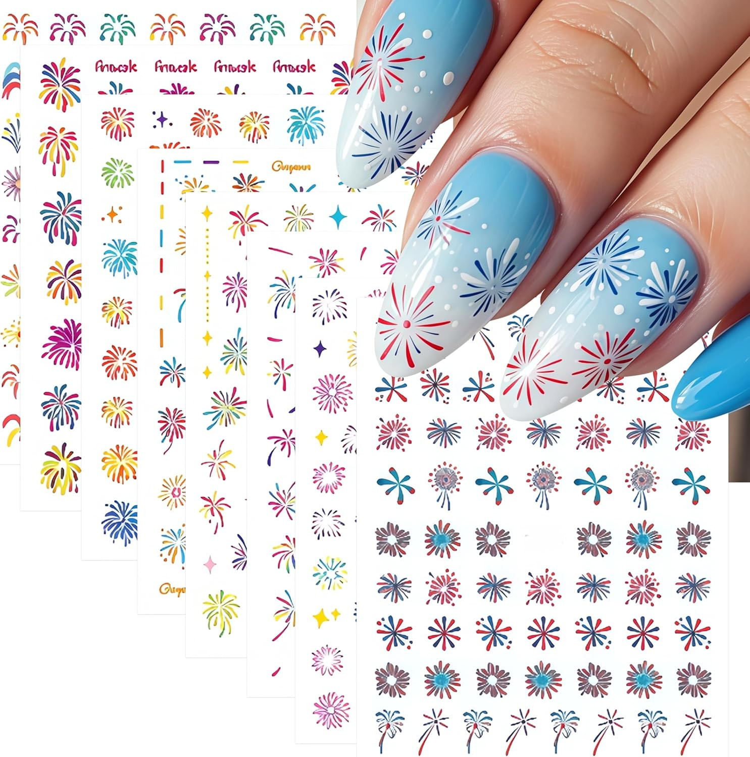 8 Sheets 4Th of July Colorful Fireworks Nail Stickers 3D Self-Adhesive Nail Deca