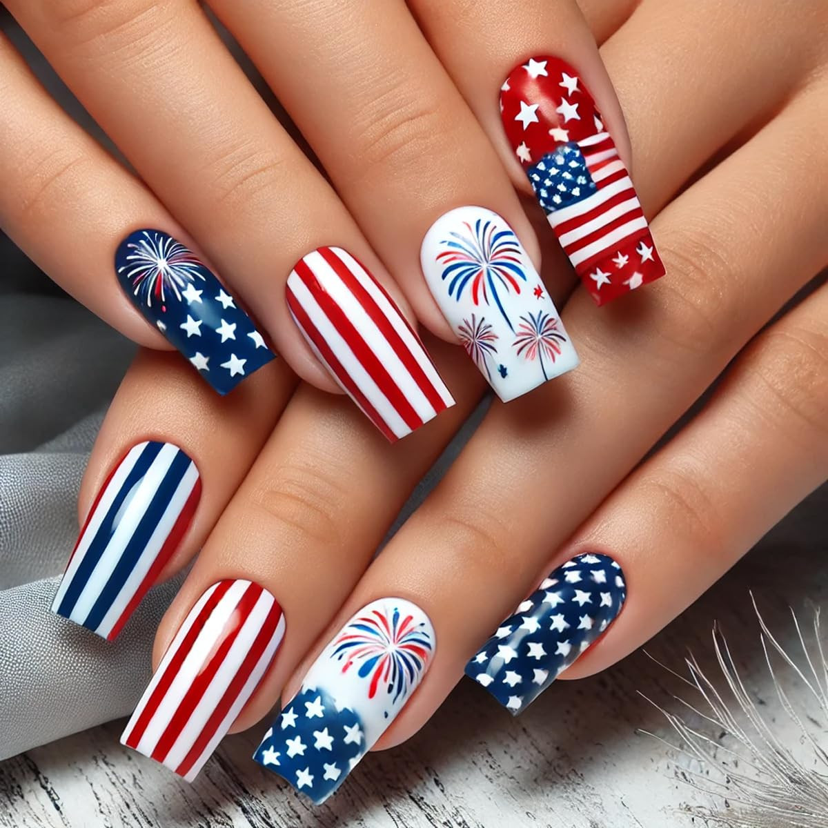 4Th of July Press on Nails Medium Square Fake Nails Independence Day French Tips