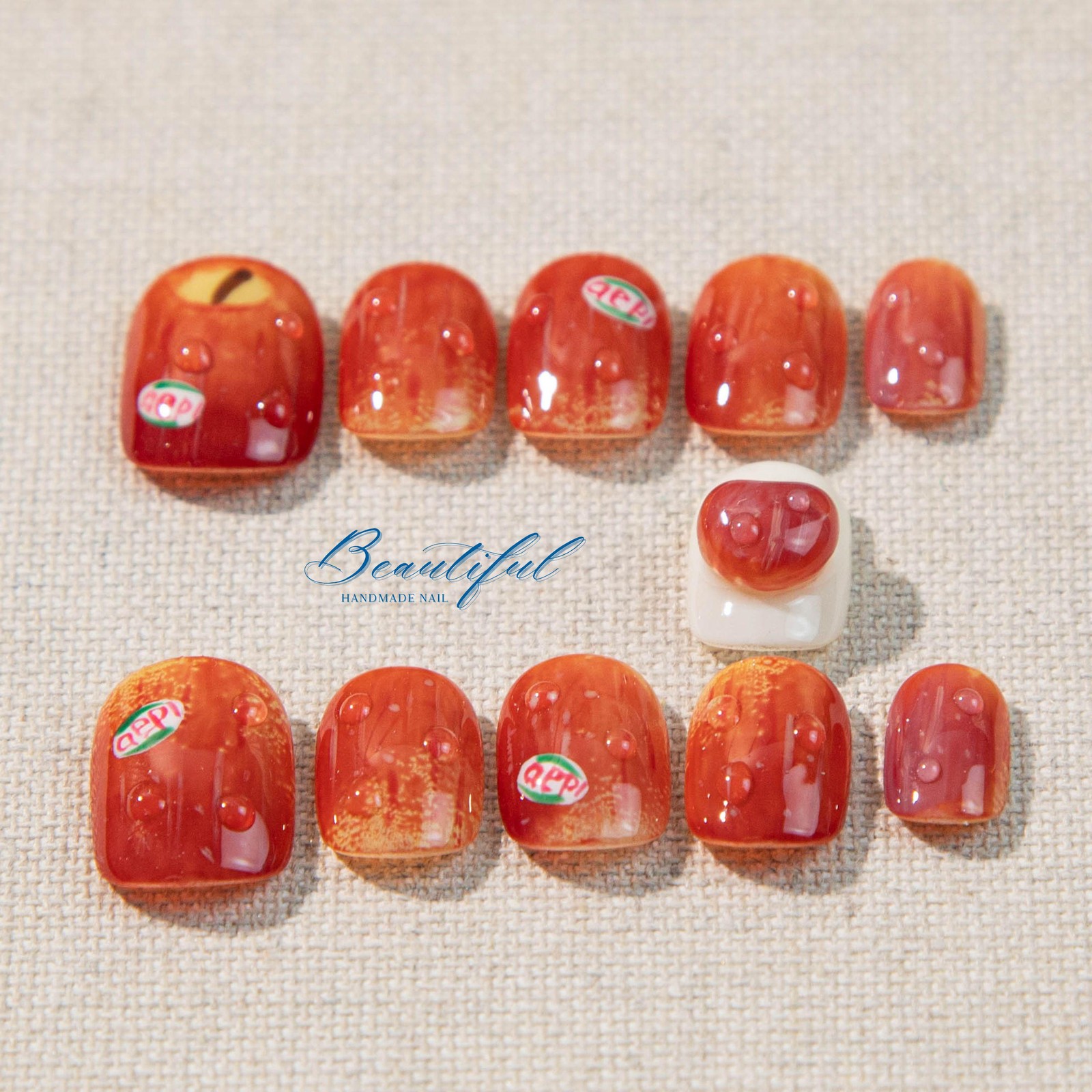 Custom Handmade 3D Red Apple Water Drop Label Short Square Press on Nails