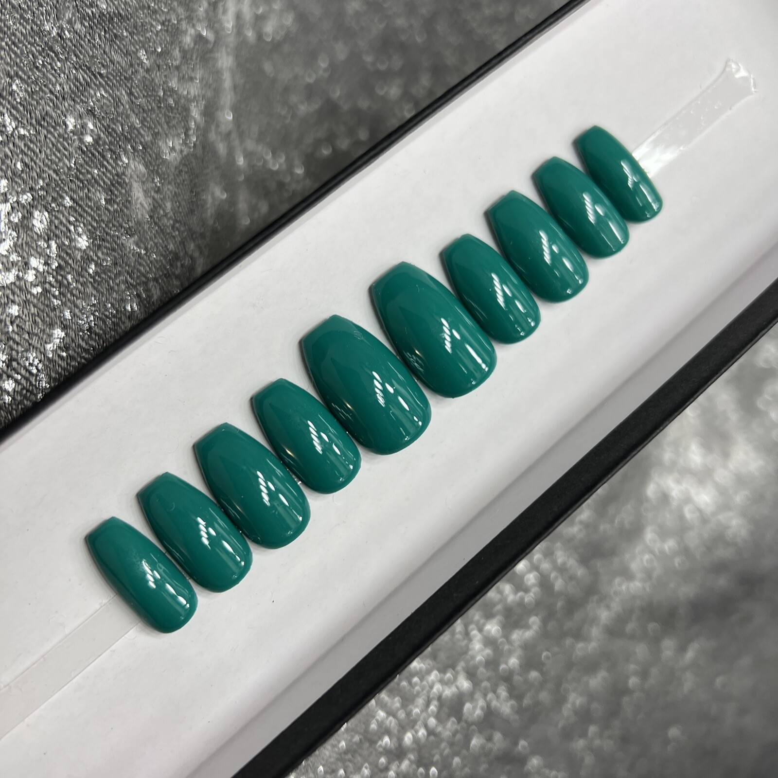 🔥 CUSTOM Gel Press On Nails, ￼ ￼Blue Green, Ballerina short, 10p Set W FULL KIT