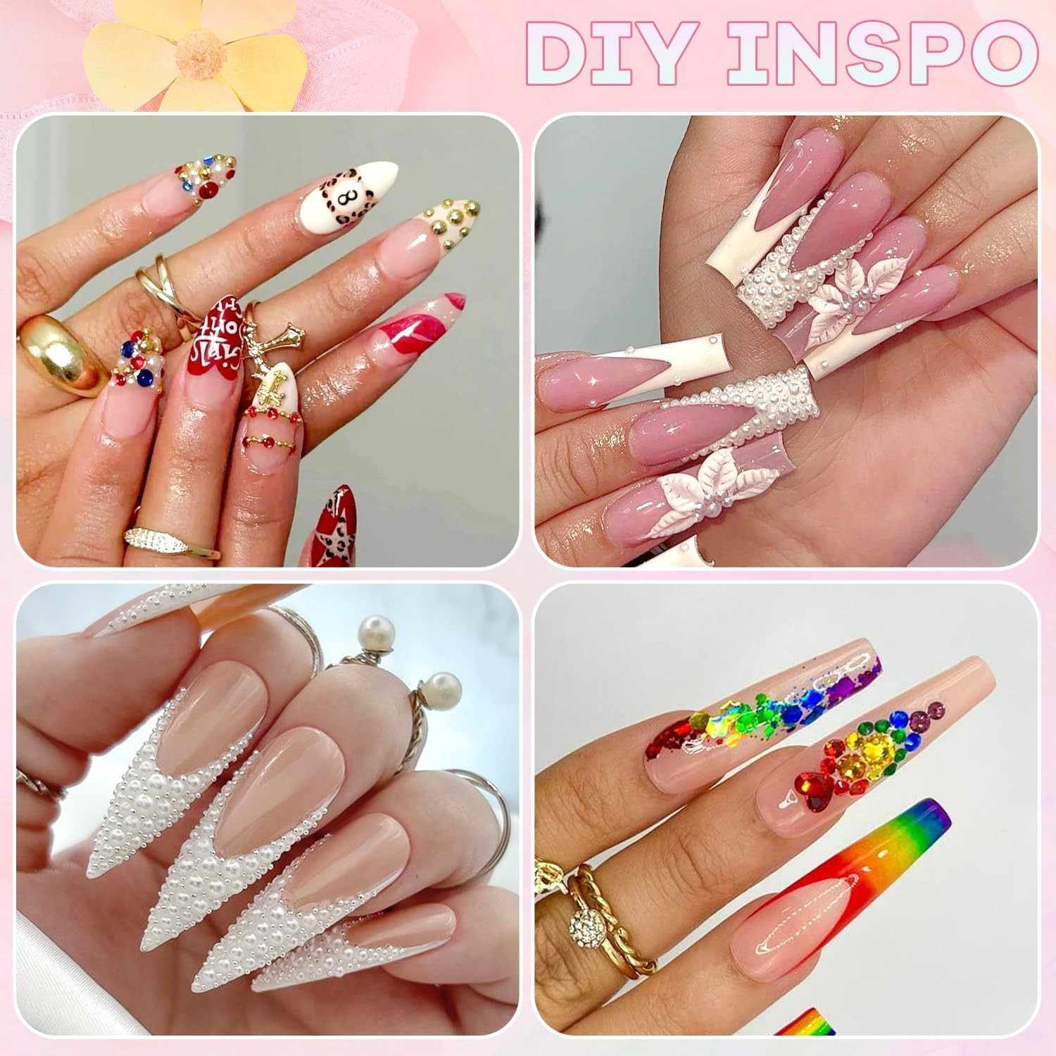8000Pcs Nail Pearls and Colorful Rhinestones for Nail Art, White Pearl Nail Char