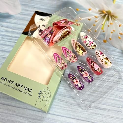 Gold Love Heart Press on Nails Almond Shaped Flower Rose Gold Love Heart Flower