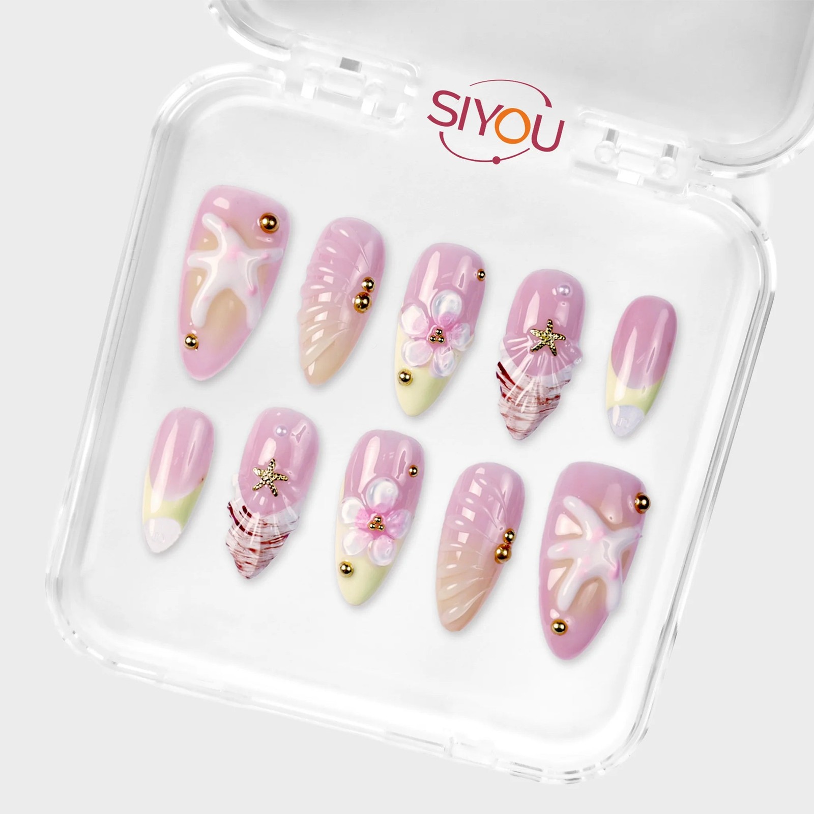 SIYOU Coral Shore Almond Pink, Yellow & Gold Press-On Nails 10pc