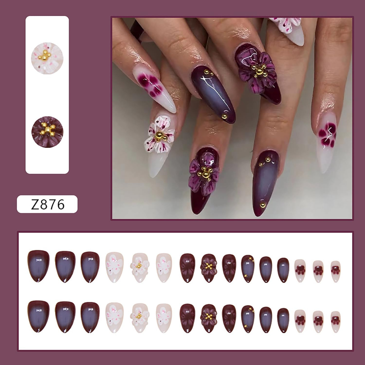 Press on Nails Medium Length Almond Shaped 3D Flower False Nails with Gold Rhine