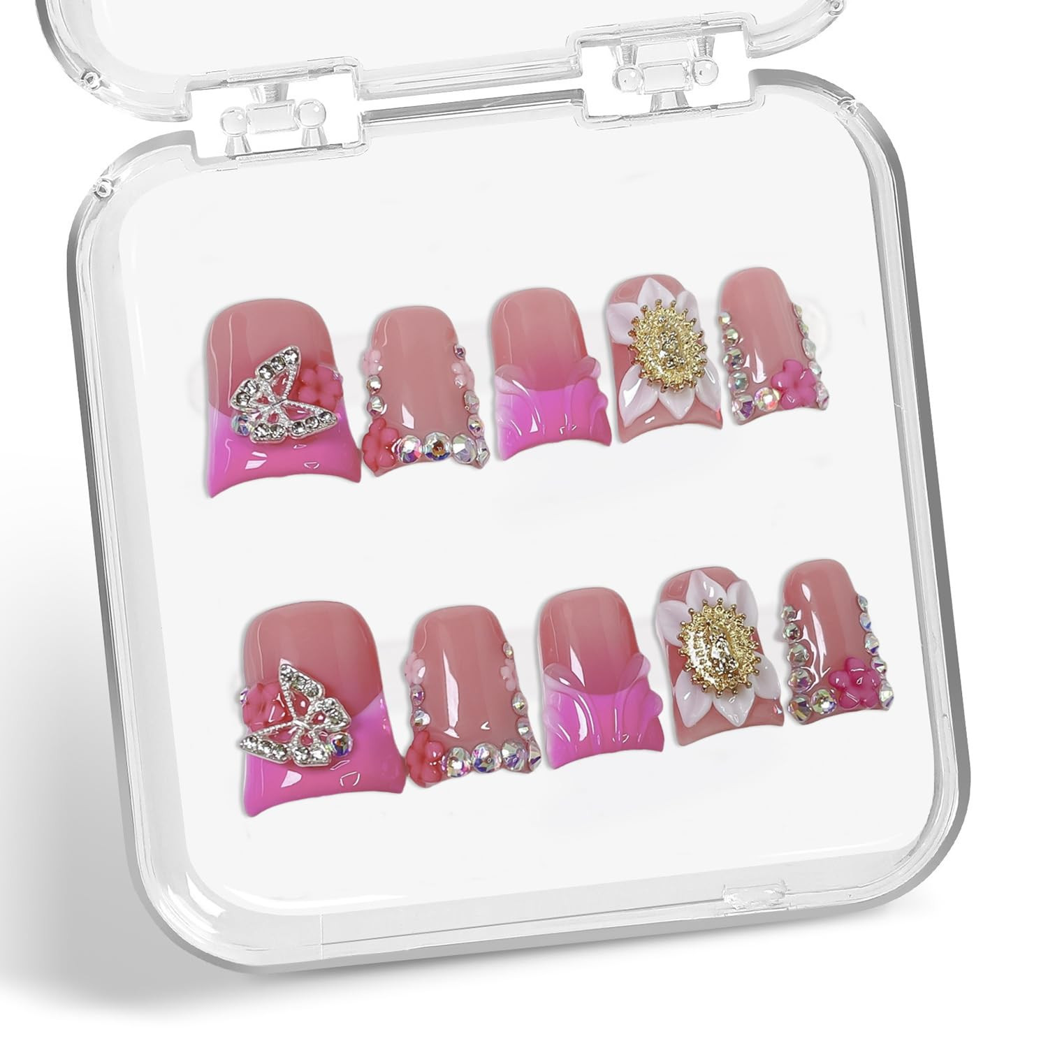 Luxury Handmade Press on Nails 3D Unique Flower Fake Nails Pink French Tip False