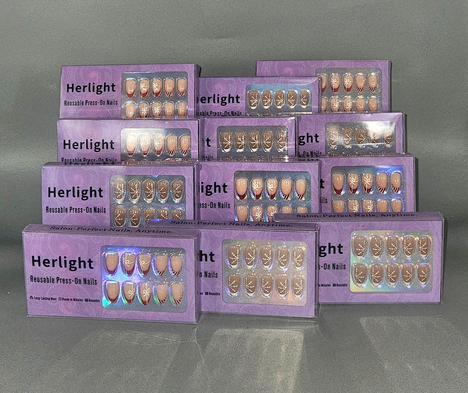 12 Packs Herlight Reusable Press-on Nails Assorted Designs/Patterns Long Lasting
