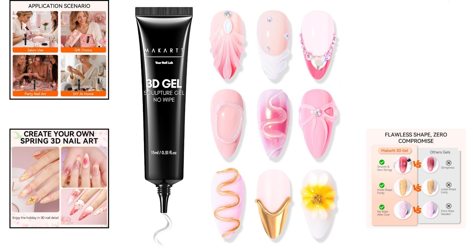 No Wipe Clear 3D Nail Gel – Perfect Sculpting Gel for Decoration & Gems – 15g