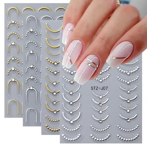 4 Sheets French Tip Nail Stickers 3D Self-Adhesive Gold Sliver Lines Nail Art