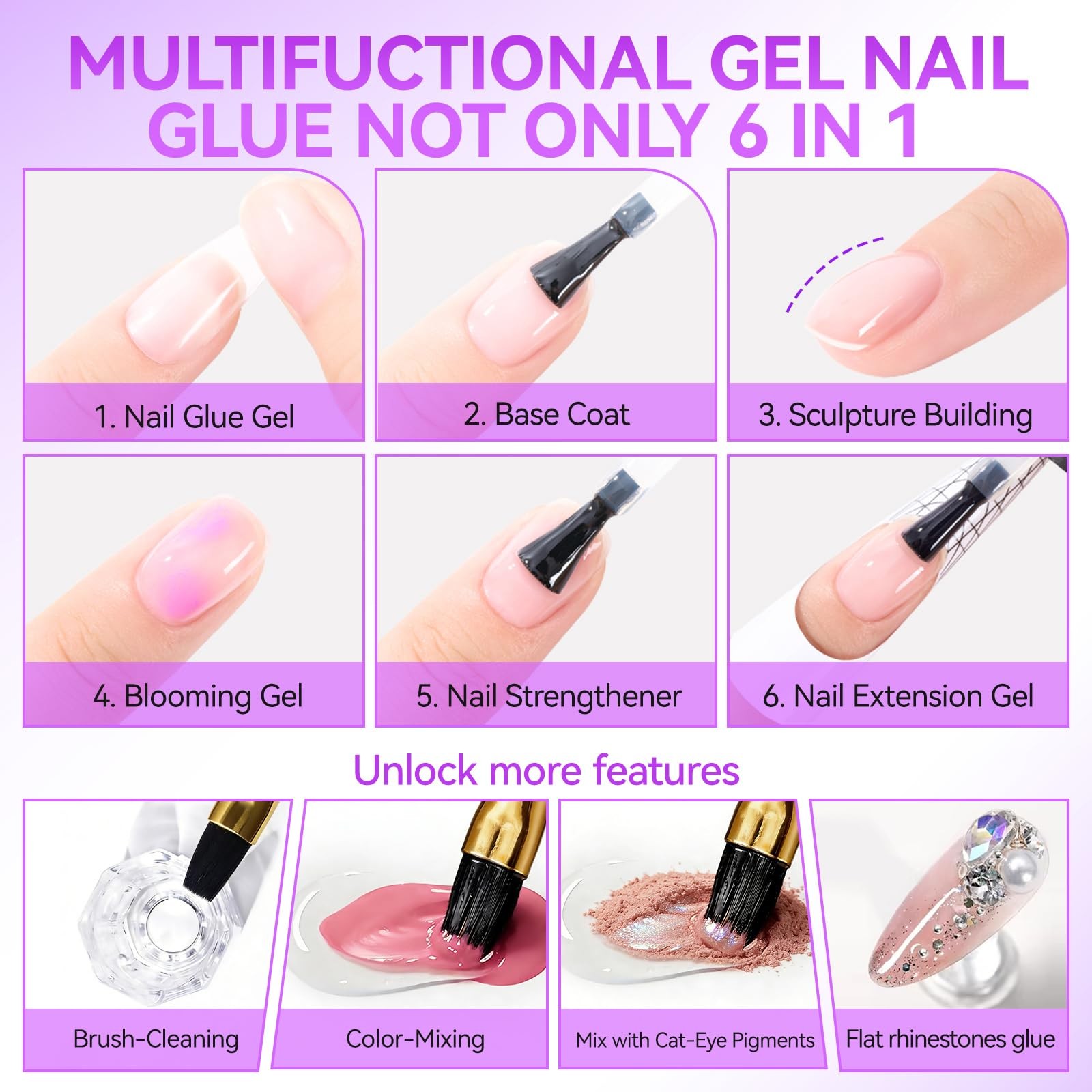 Gelike EC UV Nail Glue Gel: 32ML 6 in 1 Strong Glue Nail for Extension Home D…