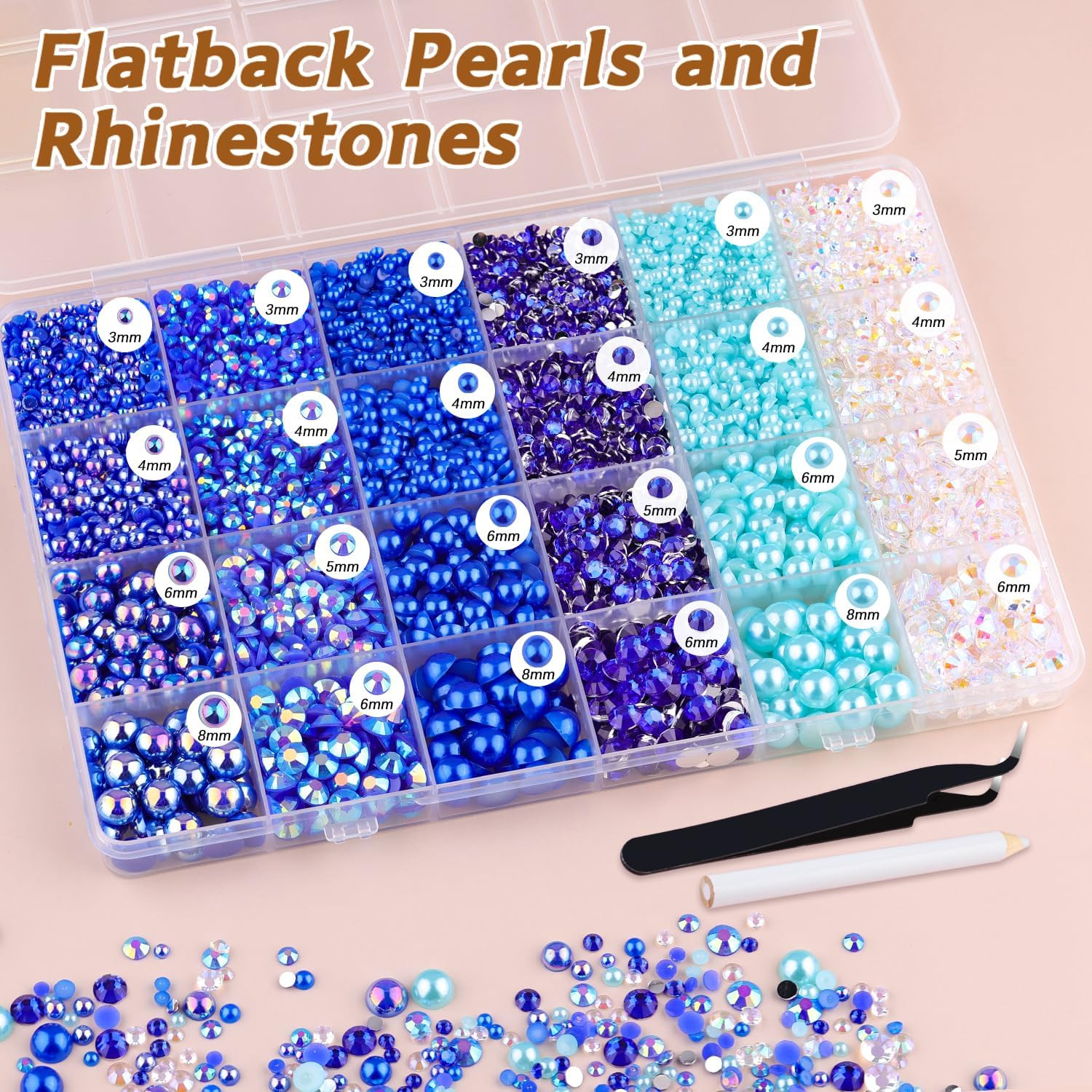 14000PCS Flatback Pearls and Blue Rhinestones for Bedazzling Kit | Dark Blue Mix