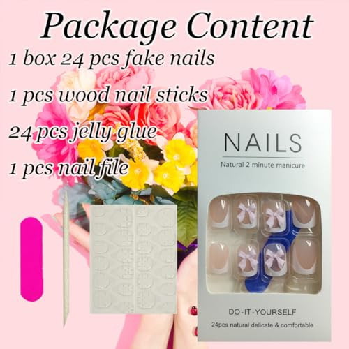 24Pcs BMKKOT Short Press on Nails White French Tip Fake Nails Pink Full Cover