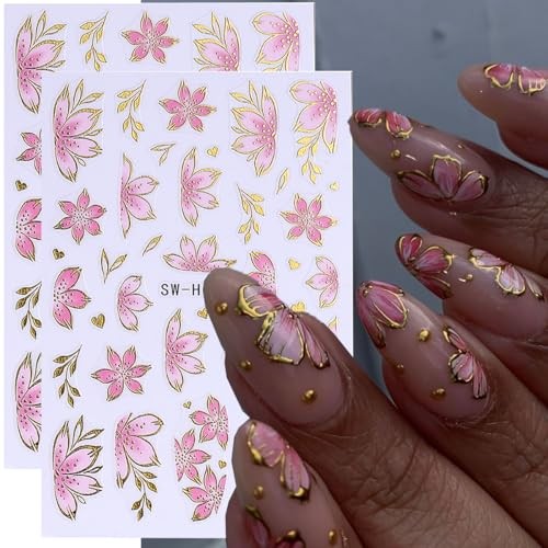 Flower Nail Art Stickers Decals 3D Pink Flower Nail Stickers Self style6