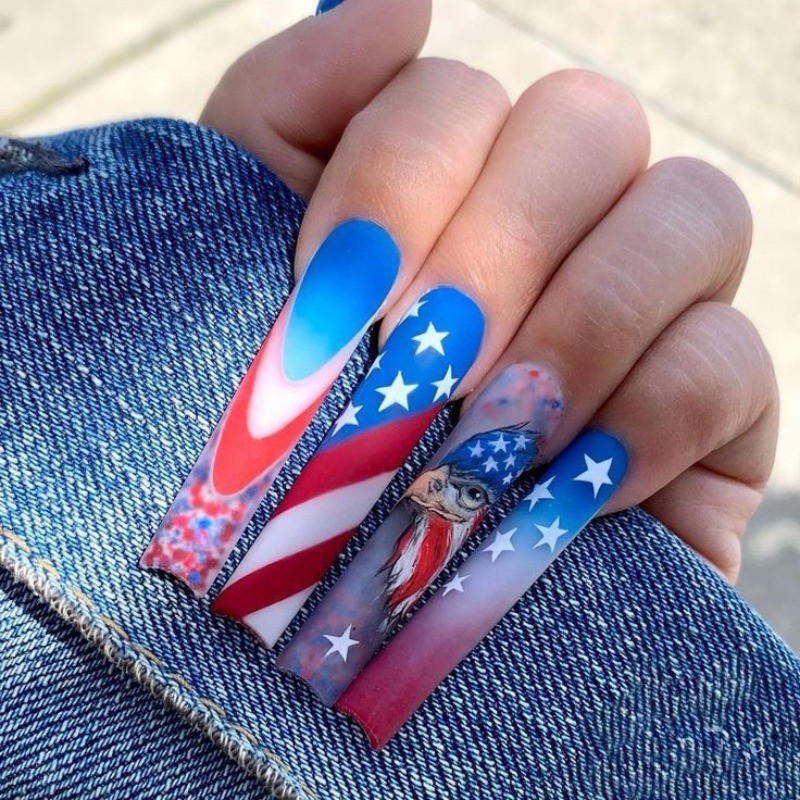 American Flag Press on Nails, Long Coffin Red Blue Gradient Patriotic Fake Nails
