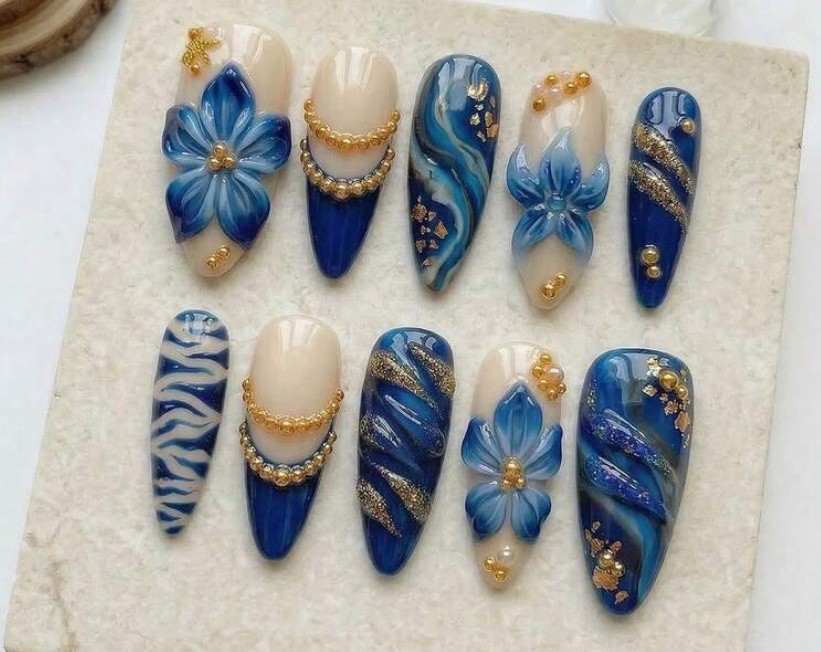 3D Flower Press-On Nails Full Cover Long Almond Blue Beige Gold Pre-Designed