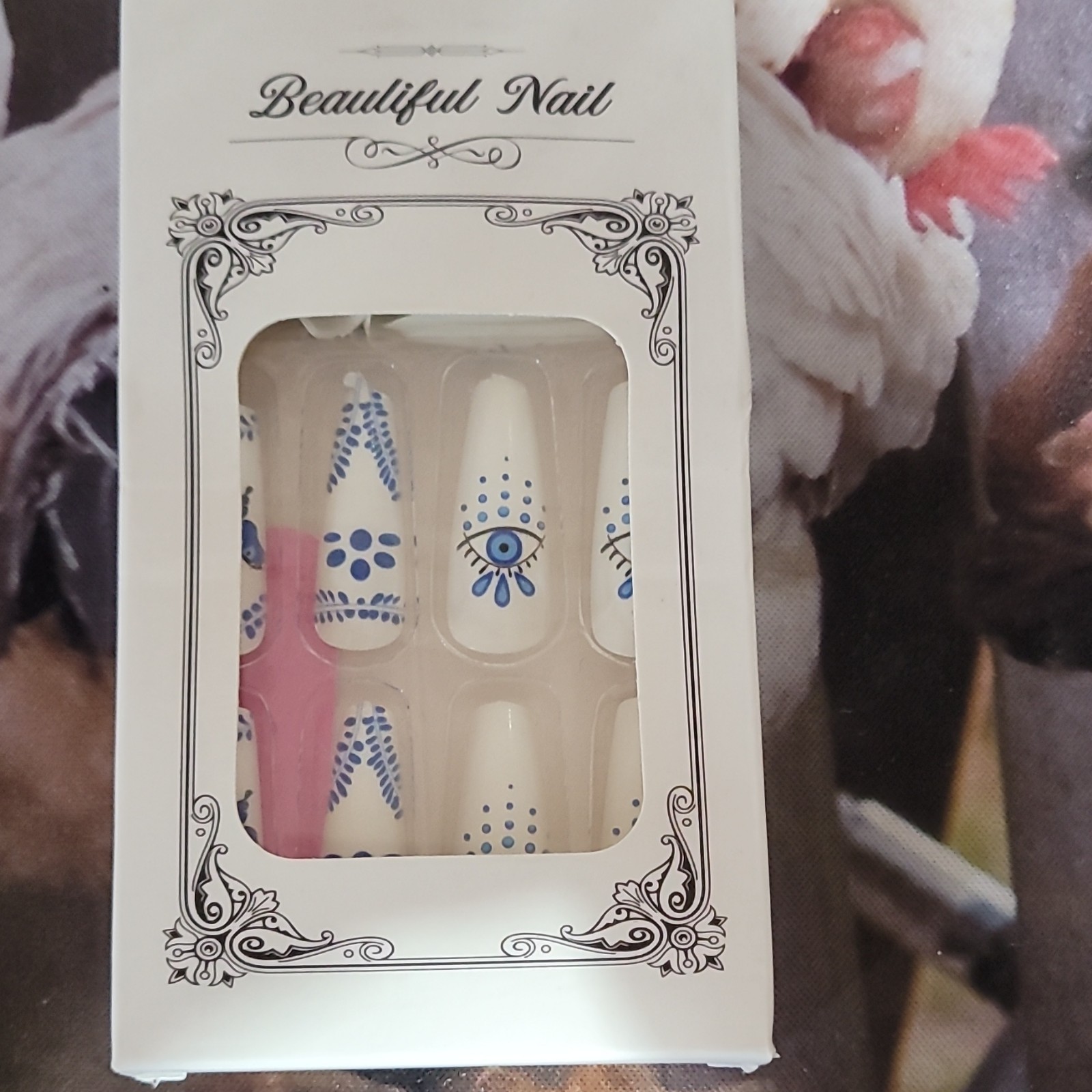 Beautiful Nail Long Coffin Nails White/Blue Butterfly Evil Eye Box