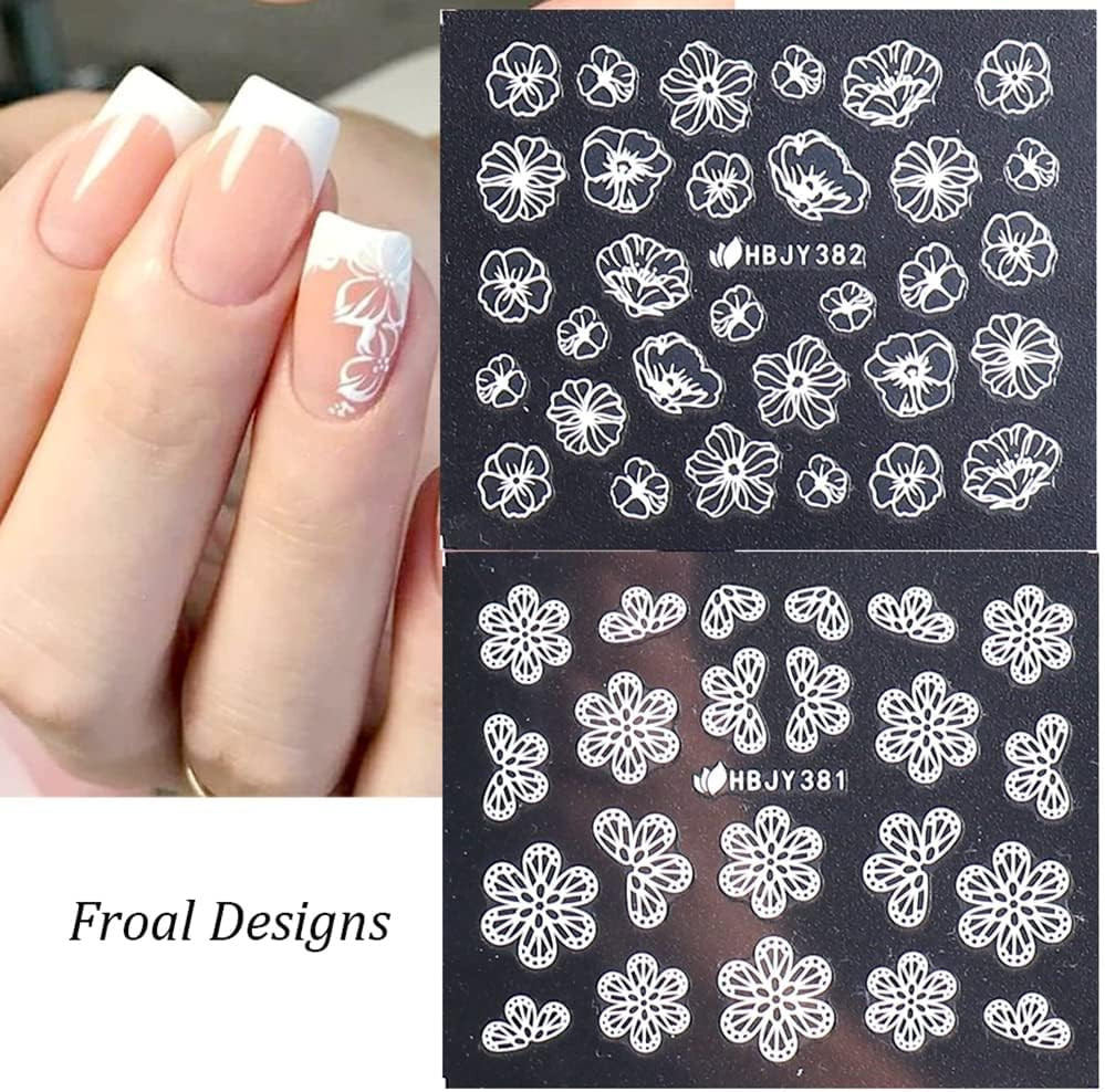Flowers Nail Decals 3D Self-Adhesive White Floral Nail Art Stickers Wedding Lace