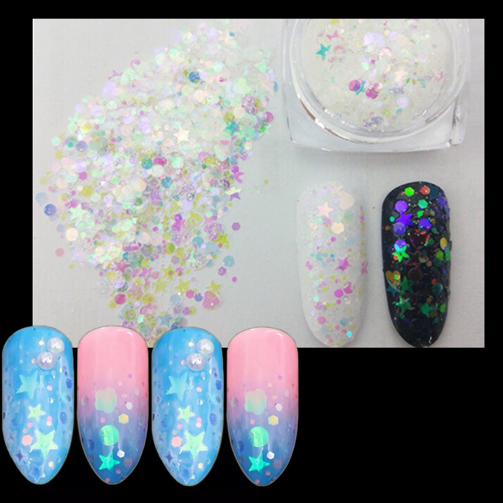 3D Transparent Mermaid NAIL GLITTER Pixel unicorn aurora effect powder AB DF-01