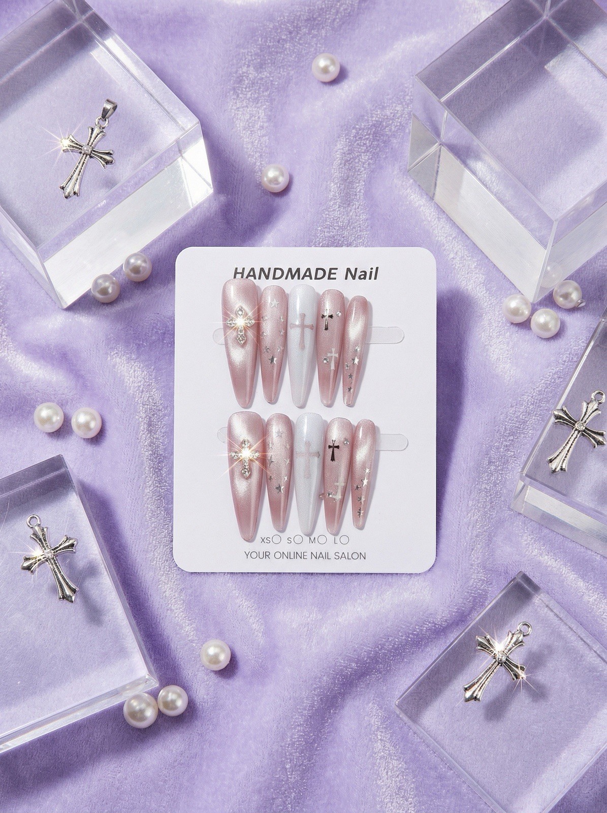 Silver Cross Glam Long Stiletto Press On Nails, Cross Rhinestone Nude, Handmade