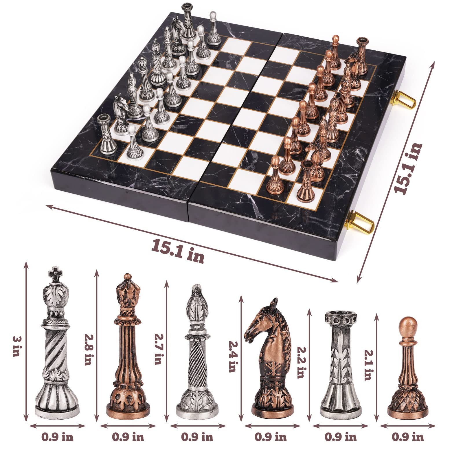 Retro Metal Chess Set for Adults 15.1 inches x inches, Bronze, Silver
