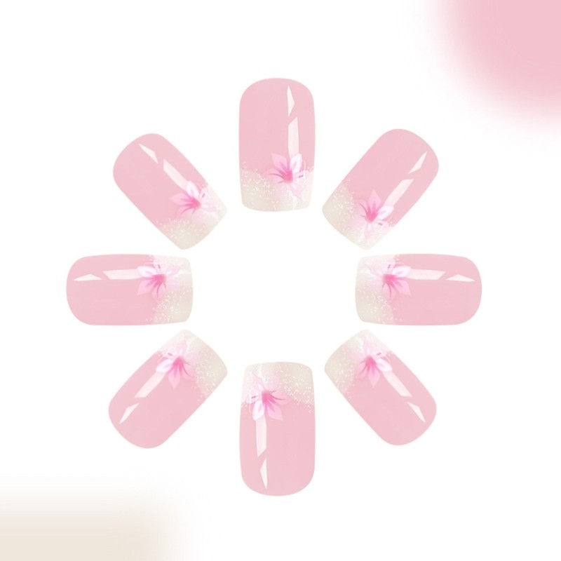 24 Pieces Flower Press on Nail Short Glittering on Nail Glossy False Nail
