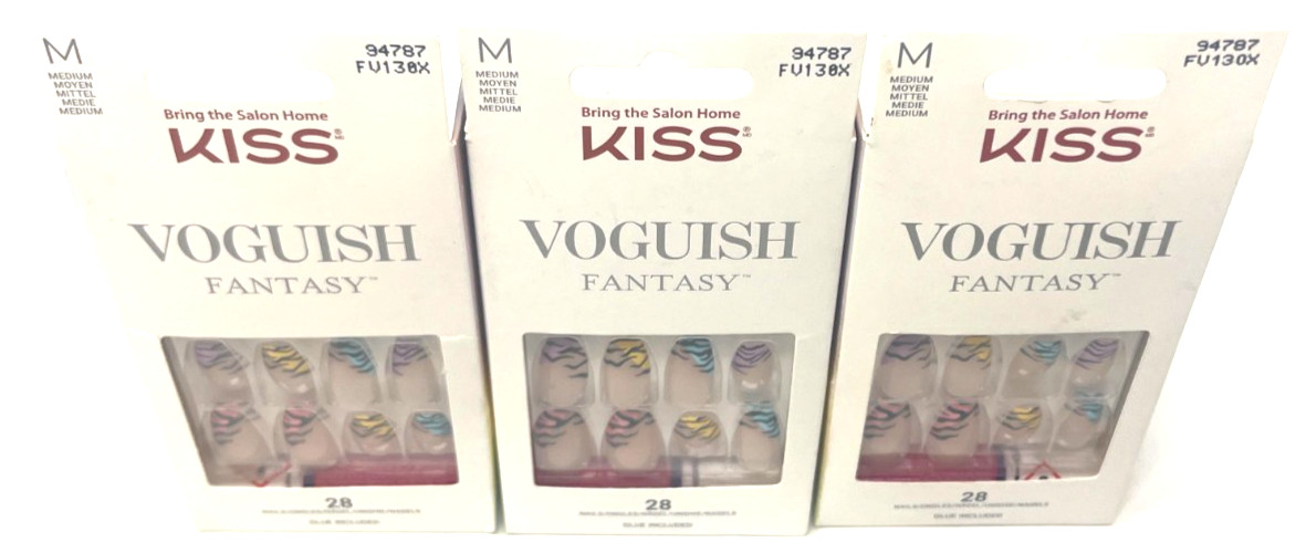 (3) Kiss Voguish Fantasy Nails New In Packaging 94787 FV130X Colored French