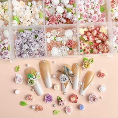 Colorful Flower Nail Charms Set – 24 Mixed Floral Decor with Pearl Leaves & Resi