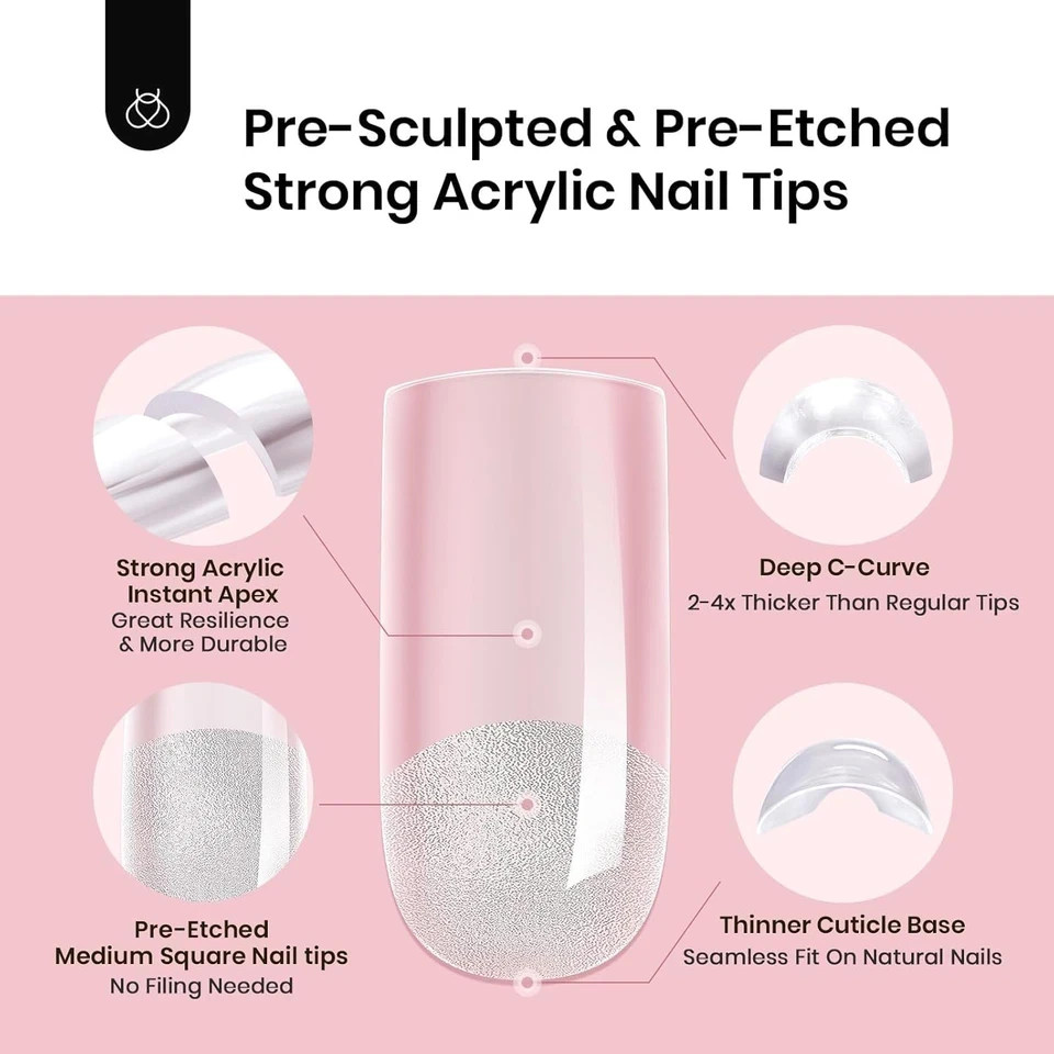Beetles Tipex Nail Kit, Square Medium Nail Tips 224 Pcs 16 Sizes Pre-Etched Fake