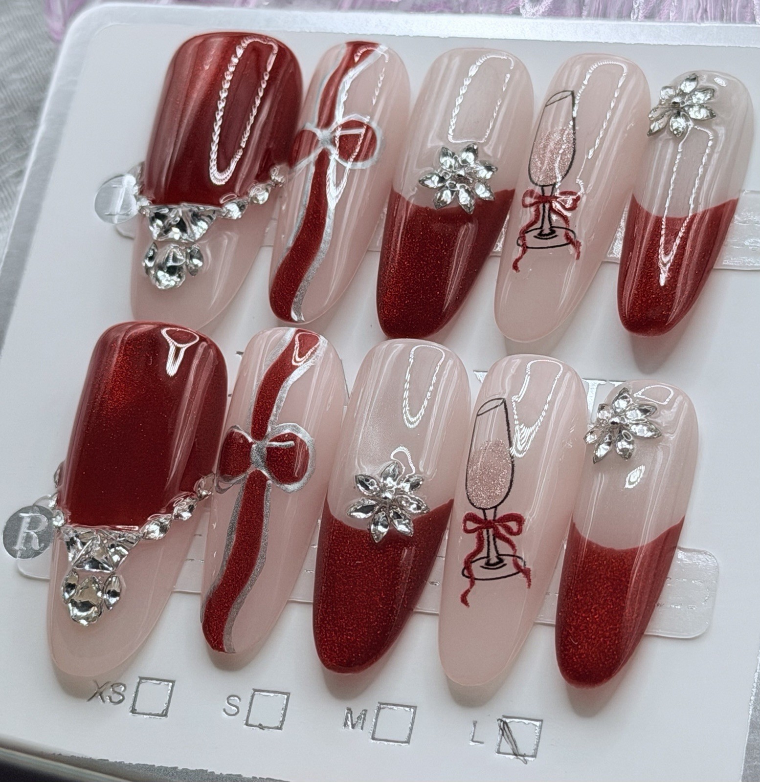 10 Pcs Handmade Valentines Day Long Stiletto Nails Bows 3D Rhinestones Champagne