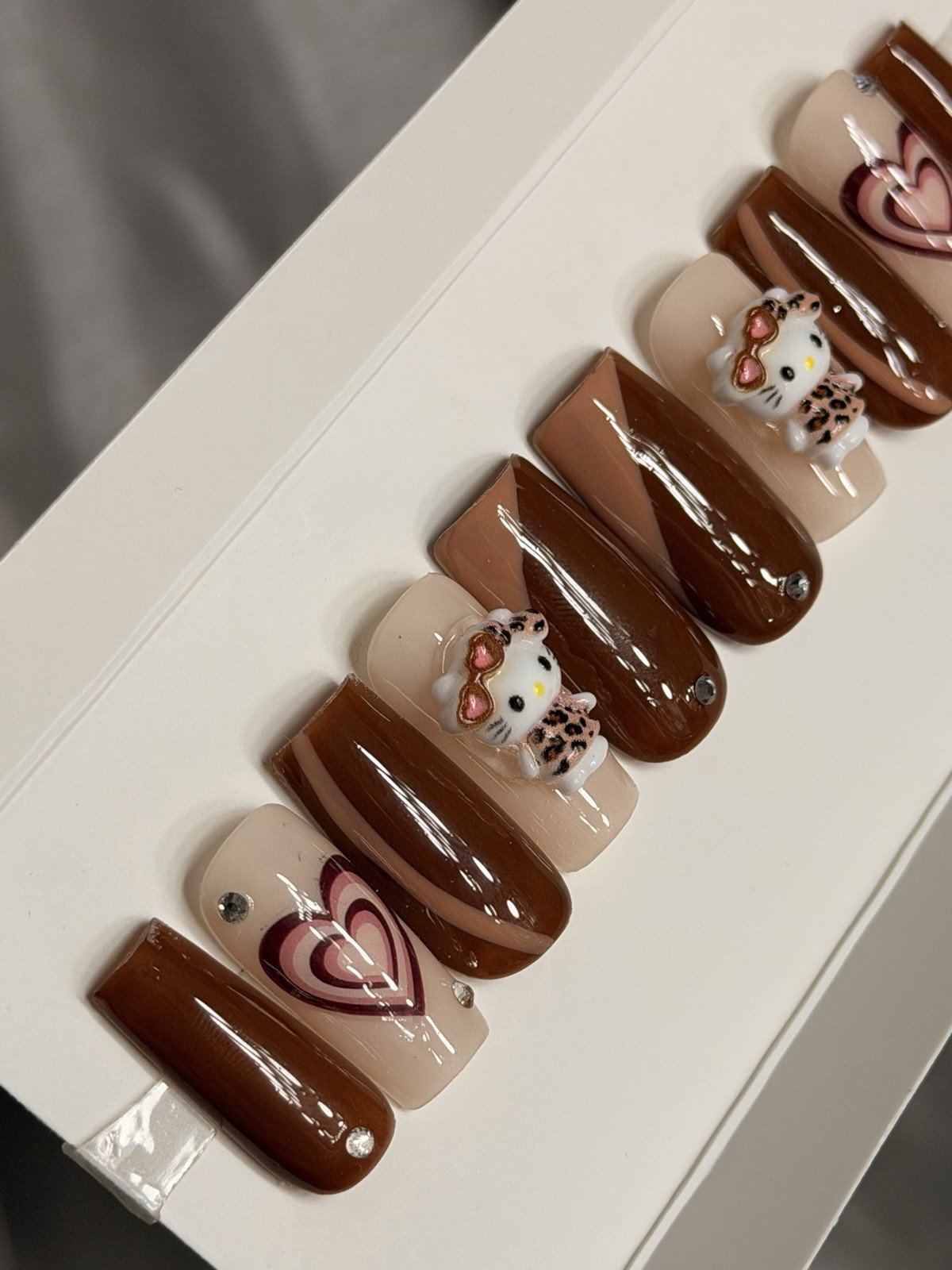 ✨ CUSTOM Press On Nails Brown Nude HELLO KITTY BLING 10p SET W Kit