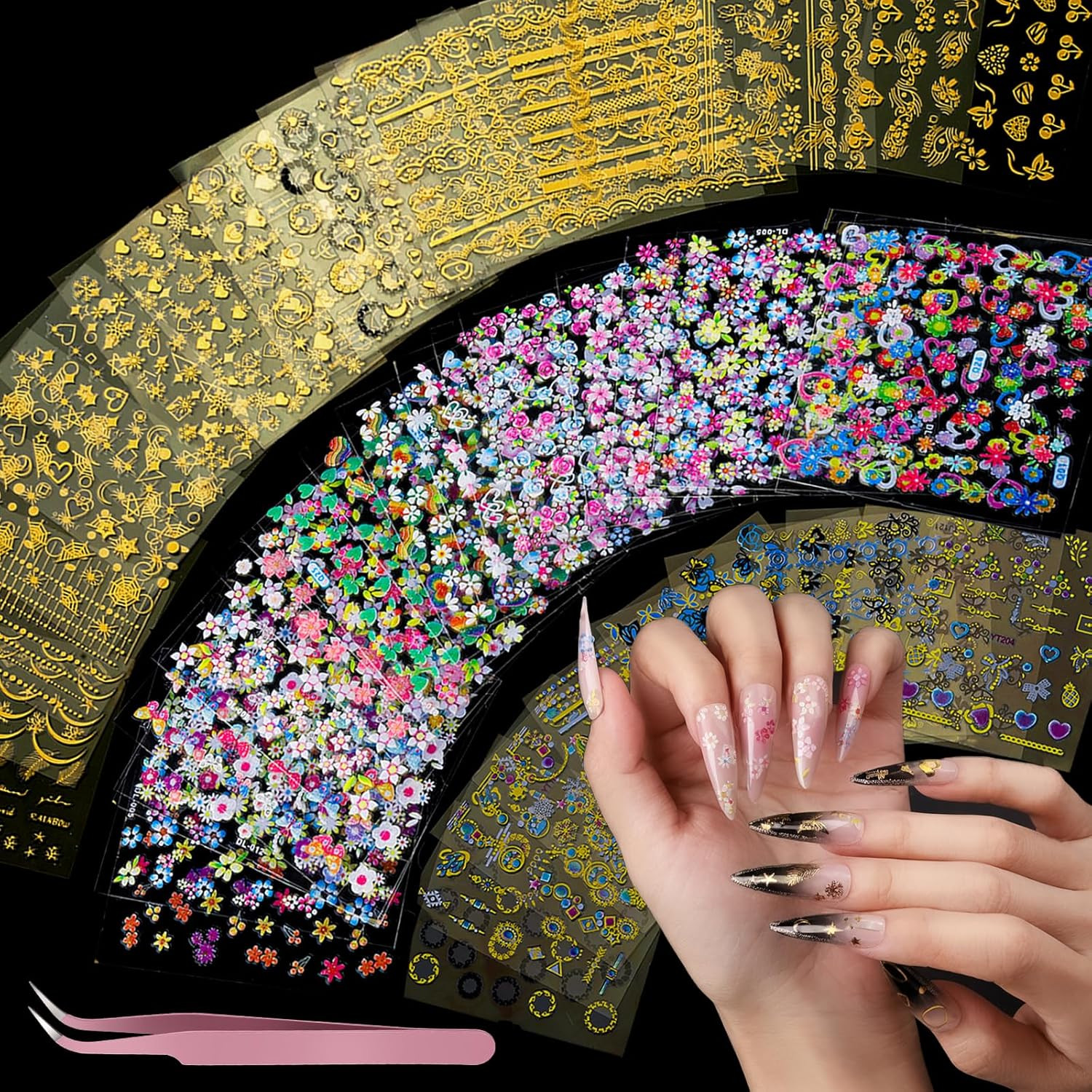 50 Sheets Nail Stickers for Kids, Cute Nail Decals for Girls Women, 3D Self Adhe