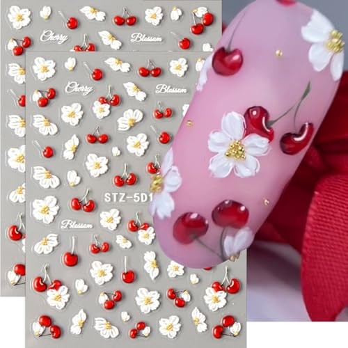 5D Nail Stickers Flower Cherry Nail Decals Embossed Self-Adhesive Cute Spring