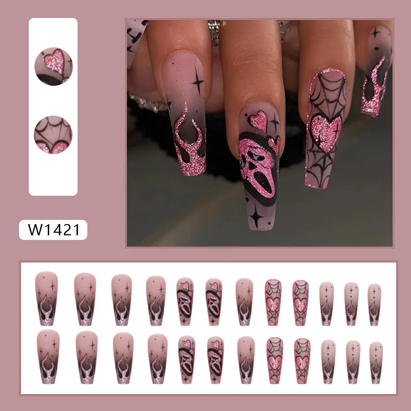 24pcs 2026 Halloween Scary Skull Love Print Press On Nails Glitter Pink Sequins