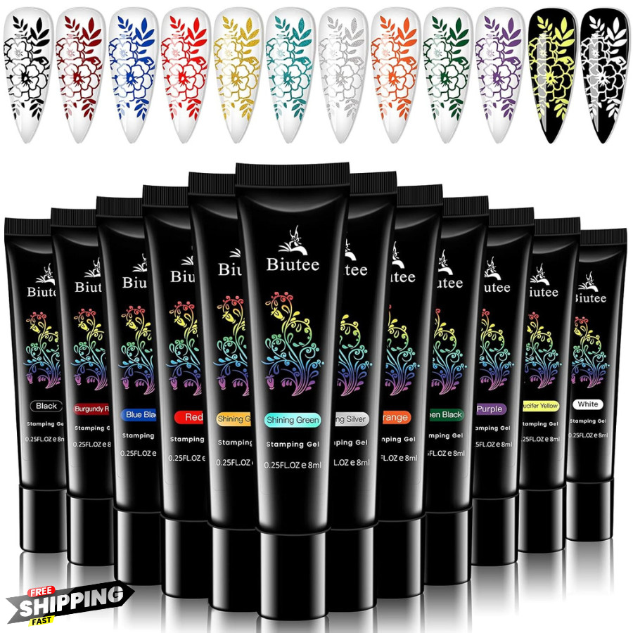 Stamping Nail Polish Gels, 12 Colors Stamping Gels 0.25 Fl Oz Soak off Printed G