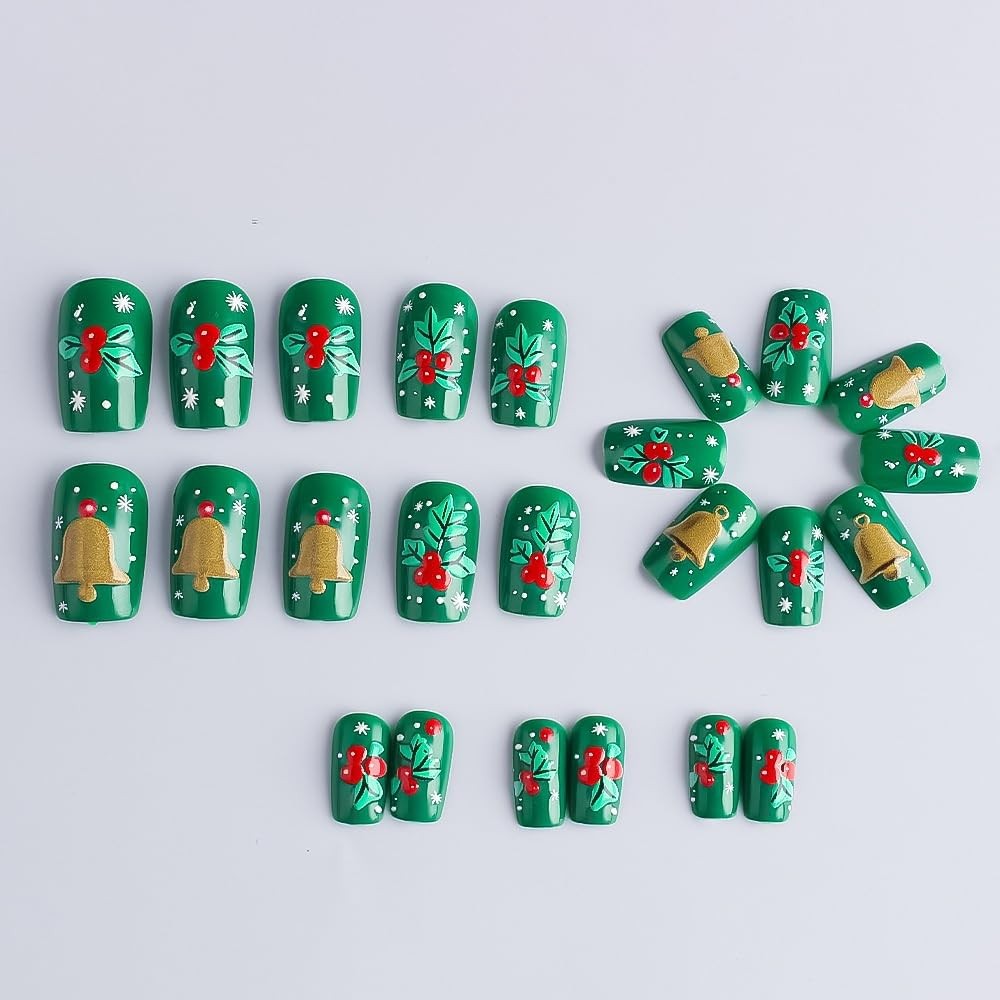 Christmas Press on Nails Short Square Glue on Nails with Holly Fruit Design C…