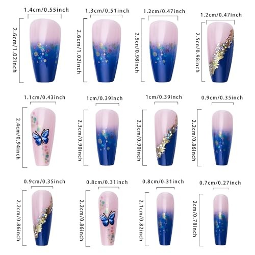 Press On Nails Medium Artificial Acrylic Gold Foil Blue Butterfly and Sequins