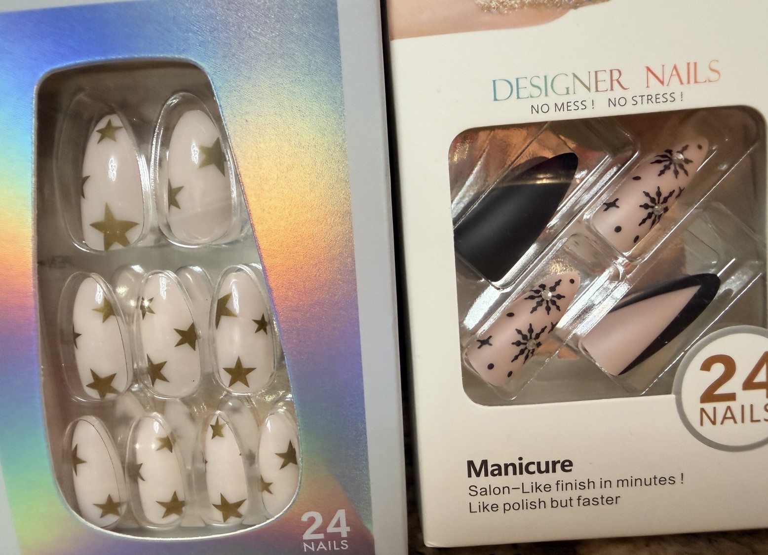 LOT OF 3 Fake Nails Set Black White Stars Embellished Pink 1A
