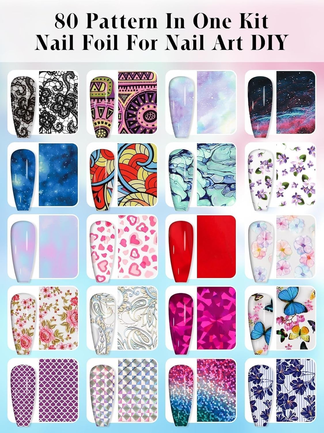 20/80 Pcs Nail Art Foil with 30ML Nail Foil Glue Gel, Starry Sky Flower Foils Tr